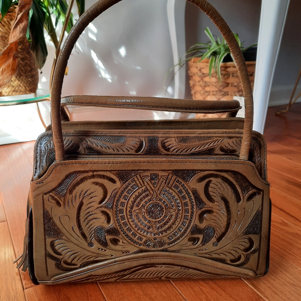 Sold on Mercari Vintage rose, Aztec calendar tooled leather purse - Picture 3 of 16